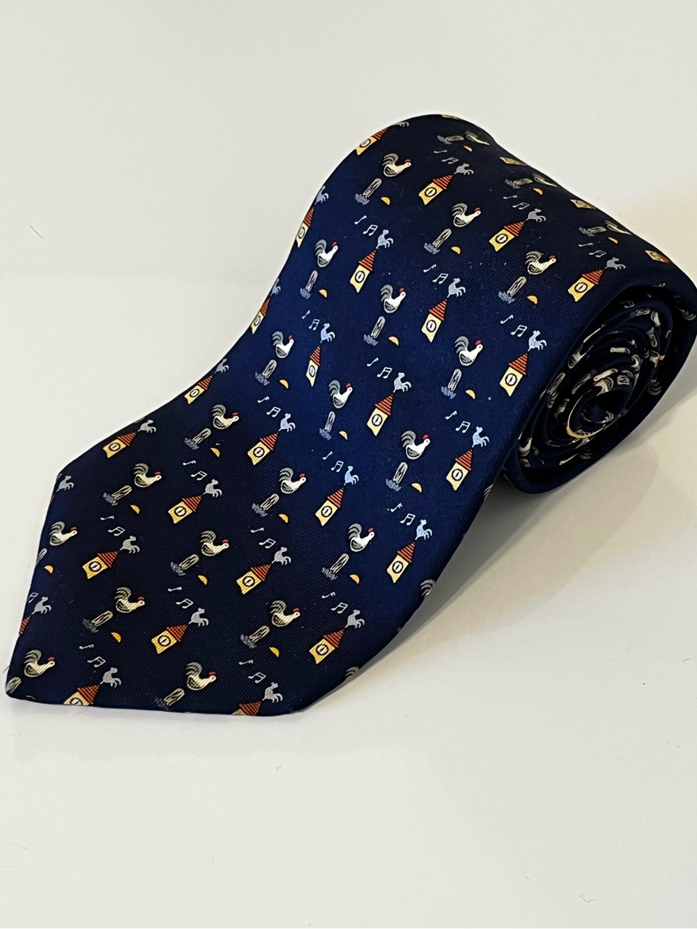 HERMES 7871 UA Mens Neck Tie 100% Silk Vintage France Rooster Clock Fathers Day
